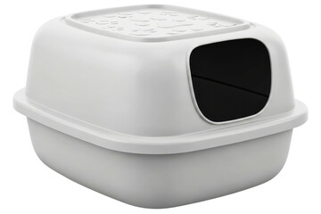 White plastic enclosed cat litter box with front entrance on a transparent background