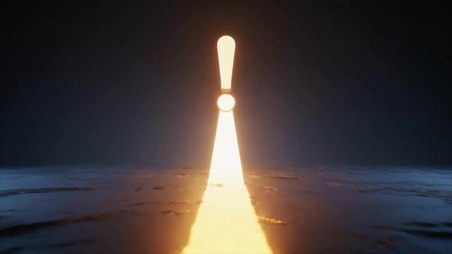 Glowing Yellow Exclamation Mark Symbol Emitting Light Beam on Dark Textured Ground punctuation attention
