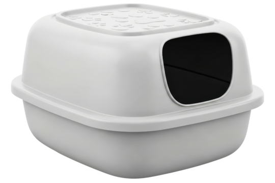 White plastic enclosed cat litter box with front entrance on a transparent background