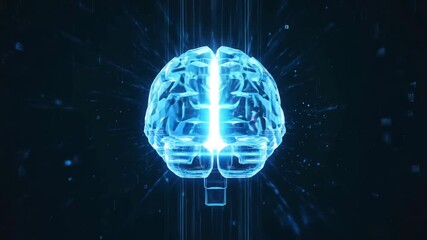 Futuristic glowing blue digital brain hologram with data streams and abstract network connections - Powered by Adobe