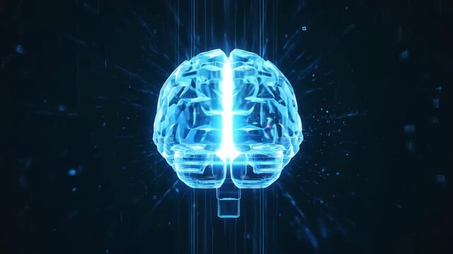 Futuristic glowing blue digital brain hologram with data streams and abstract network connections - Powered by Adobe