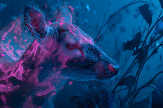 futuristic fawn glowing in hot pink against deep blue ocean shadows creating a surreal bioluminescent scene