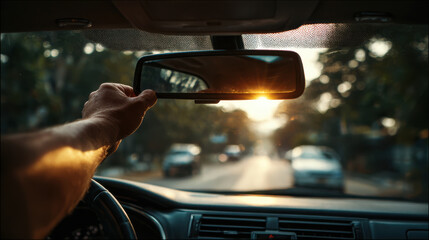 Driver holding rearview mirror with setting sun