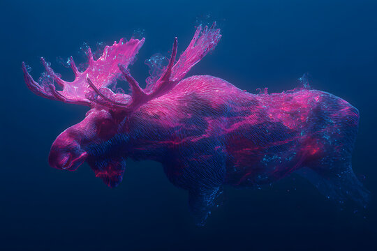 futuristic moose glowing in hot pink against deep blue ocean shadows creating a surreal bioluminescent scene