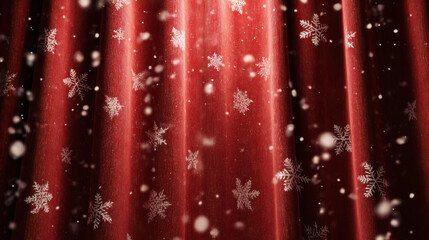 Falling snow on festive red Christmas curtain background