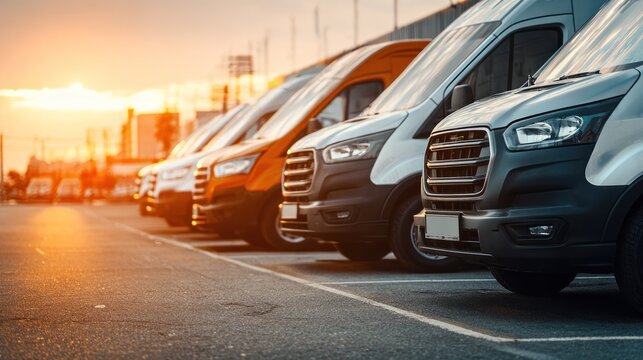 Fleet of vans parked outdoors at sunset for commercial transportation