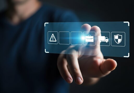 Person s finger interacting with a futuristic digital interface displaying security and data icons