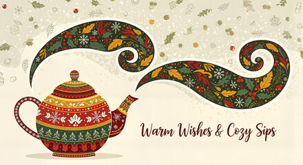 Decorative teapot with warm wishes and cozy sips for holidays  