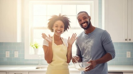 Engaged couple laughs and plays while preparing a delicious dish in their sunny kitchen - Powered by Adobe