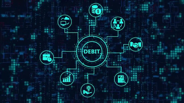 Digital debit network concept with interconnected icons for banking, transactions, data, and secure payment systems on a futuristic blue background