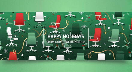 Holiday-themed workspace with colorful chairs and festive decorations  