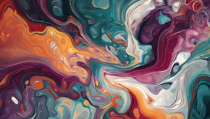 Obraz premium Colorful Fluid Abstract Painting with Swirling Teal, Orange, Pink, and Purple Marbled Texture Design