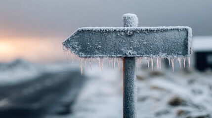 Frozen arrow sign pointing left with icicles winter