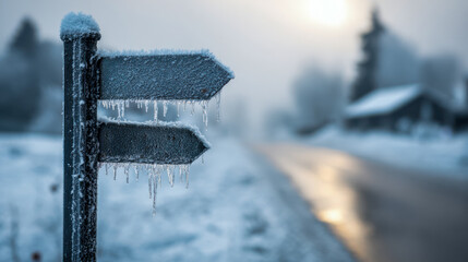Frosty road sign showing directions in winter landscape