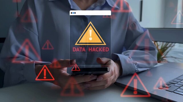Cybersecurity warning concept depicting scam alerts, system hacks,  digital threats, emphasizing data protection, online safety, and monitoring in a high-tech, virtual screen. - Powered by Adobe