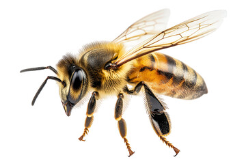 Closeup of a honeybee isolated on transparent background, showcasing its intricate details, including its wings, legs, and body, against a clean backdrop