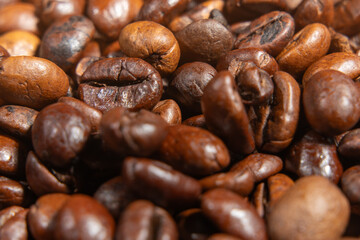 Extreme closeup of roasted coffee beans shows every crease and crack. The warm light emphasizes their intense aroma and depth.