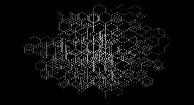 Abstract geometric pattern of interconnected hexagons and cubes on a black background, creating a complex, futuristic design.