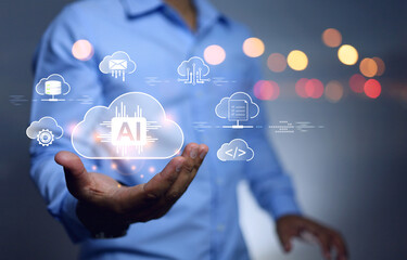 AI on cloud concept with a man holding cloud computing system that uses artificial intelligence to enhance data storage efficiency and self-decision making