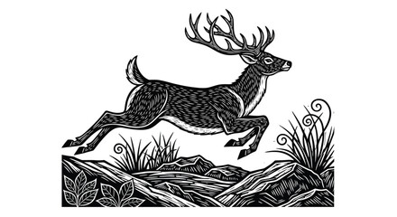 Obraz premium A majestic deer with large antlers leaps gracefully over rugged rocks and lush foliage, captured in a striking black and white woodcut style