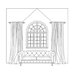 Interior of modern furnished living room. Monochrome vector illustration in line art style. Hand drawn stylized outline house with modern interior. Flat style furniture vector illustration. 