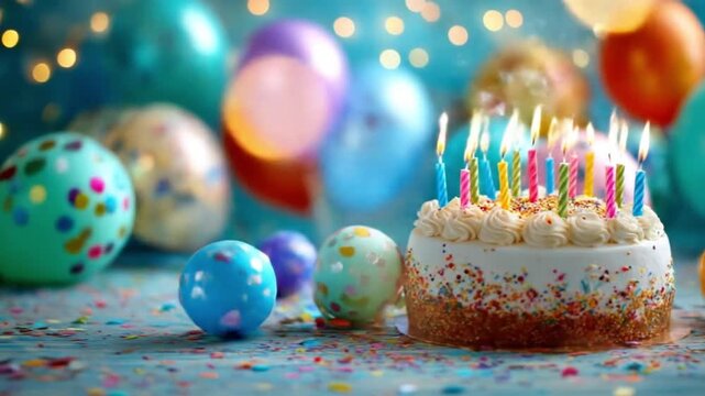 Birthday cake with lit candles sits beside colorful balloons and scattered confetti, festive mood.!!