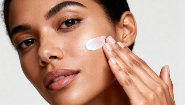 Close up portrait of a young woman applying cosmetic cream on her face