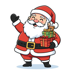 Santa Claus Waving With Christmas Gifts and Teddy Bear