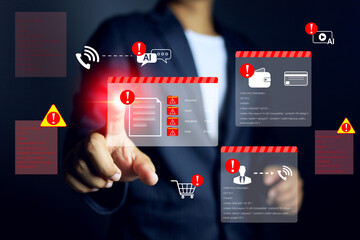 Cyber security alert concept with businessman pointing on virtual interface to check security warnings from threats such as AI fake voice calling and scams, data breach, scammer call system hacking