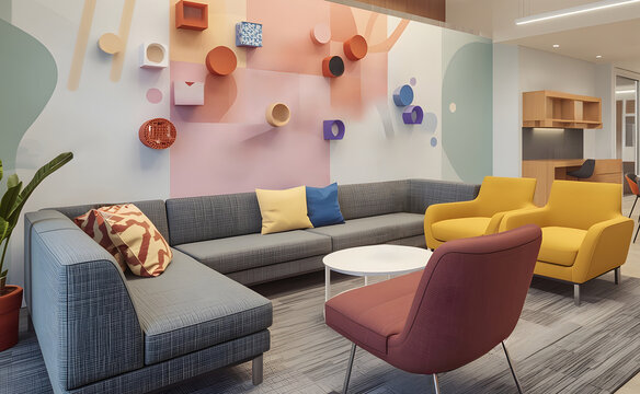 Vibrant modern creative office lounge interiors with colorful furniture and artistic wall designs