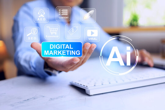 Digital marketing concept with businessman working with AI assistant to data analysis SEO, AEO and market content creation for speed and efficiency in competition - Powered by Adobe