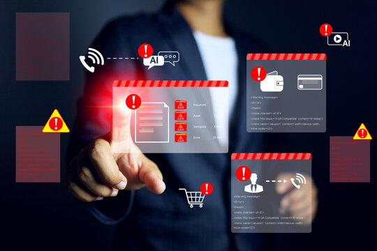 Cyber ​​security alert concept with businessman pointing on virtual interface to check security warnings from threats such as AI fake voice calling and scams, data breach, scammer call system hacking