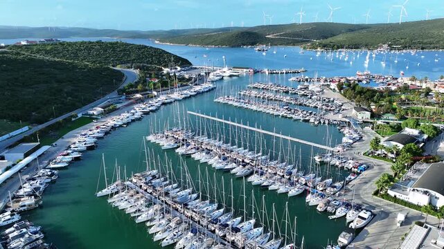izmir sigacik drone shooting - 4k image of the aegean fishing town sığacık, teos marina and historical castle taken with drone