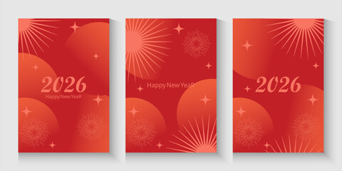 Chinese New Year 2026 horizontal banner with fireworks on red  background and place for your text. Celebrating, new year 2026, independence day. Vector design for web, social media post, advertising, 