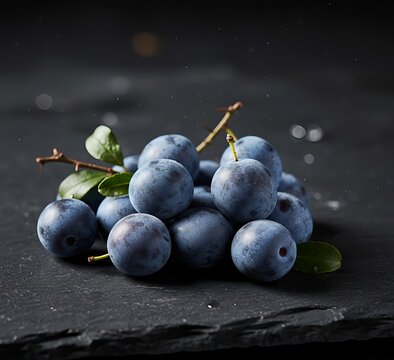 A stunning artistic photo depicting freshly harvested blue sloe berries on a textured dark surface
