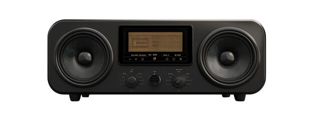 A sleek black radio isolated on transparent background, featuring dual speakers and a central display, blending modern design with classic functionality
