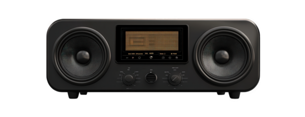 A sleek black radio isolated on transparent background, featuring dual speakers and a central display, blending modern design with classic functionality