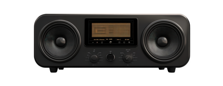 A sleek black radio isolated on transparent background, featuring dual speakers and a central display, blending modern design with classic functionality