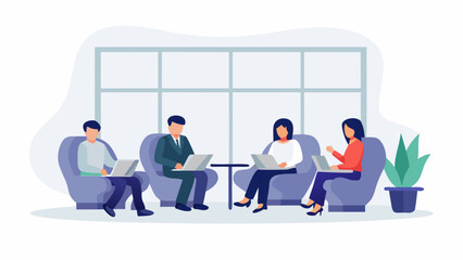 Diverse team collaborating and working remotely on laptops in a modern office lounge area with large windows