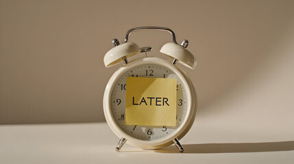 Minimalist still life with vintage white alarm clock and reminder note for time management concept