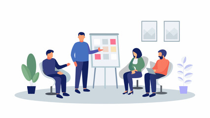 Diverse team collaborates in a modern office meeting presenting ideas on a whiteboard with plants and artwork enhancing the professional atmosphere