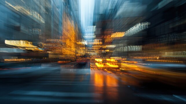 Blurred urban night lights with vibrant city motion on street