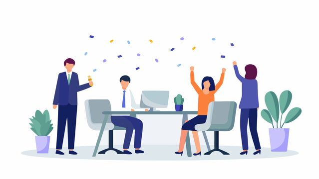 Office celebration with confetti and cheerful colleagues achieving success together in a modern workspace