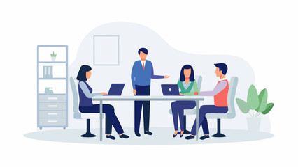 Diverse team collaborates in a modern office meeting room discussing ideas and working on laptops around a conference table