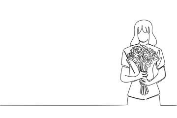 Single line draw of a woman holding a large bouquet of roses, symbolizing beauty, appreciation, and special occasion, also conveys care, solidarity, and hope for people with albinism around the world
