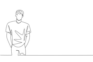 Continuous line drawing of a man standing casually with hands in his pockets, representing a relaxed and confident posture. Celebrate International Albinism Awareness Day with a human rights concept.