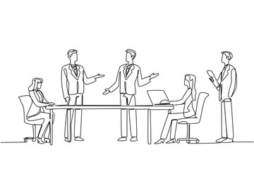Single line draw of a business meeting with three men standing and speaking, two women seated at a table, and one man standing with a tablet, representing discussion and teamwork. Boardroom Leadership