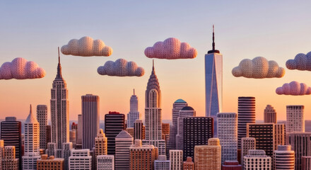 Crocheted cityscape with prominent skyscrapers and soft clouds against an orange sky. Handcrafted city model for art, craft, and unique design concept.