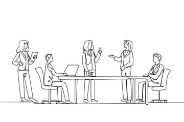 Description Continuous line drawing of people in a business meeting, a business concept related to an international event International Community Association Managers Day.