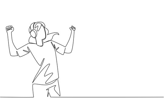 Single line draw of a woman wearing headphone, raising her fist in a celebratory or energetic pose. Expressing confidence, freedom, and positive representation of  International Albinism Awareness Day